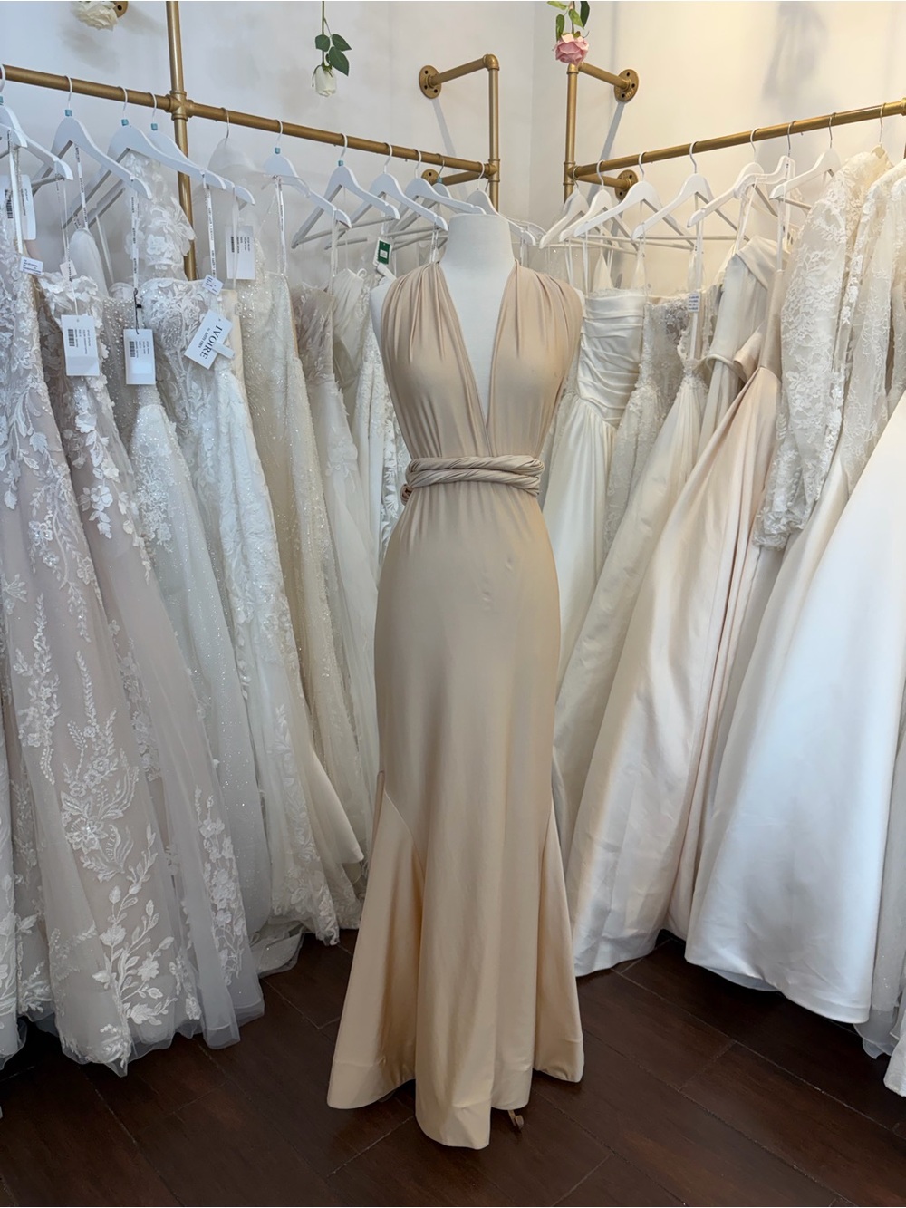 Bari Jay Plunging V-Neck Rope-Waist Maxi Dress in Nude